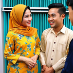 **Prompt:** A vibrant live commerce session in Malaysia, showcasing "Baju Kurung Moden". Focus on a young female demographic (25-35 years old) engaging with the host. The overall mood should be lively and interactive, highlighting the comfort and attractive colors of the clothing.