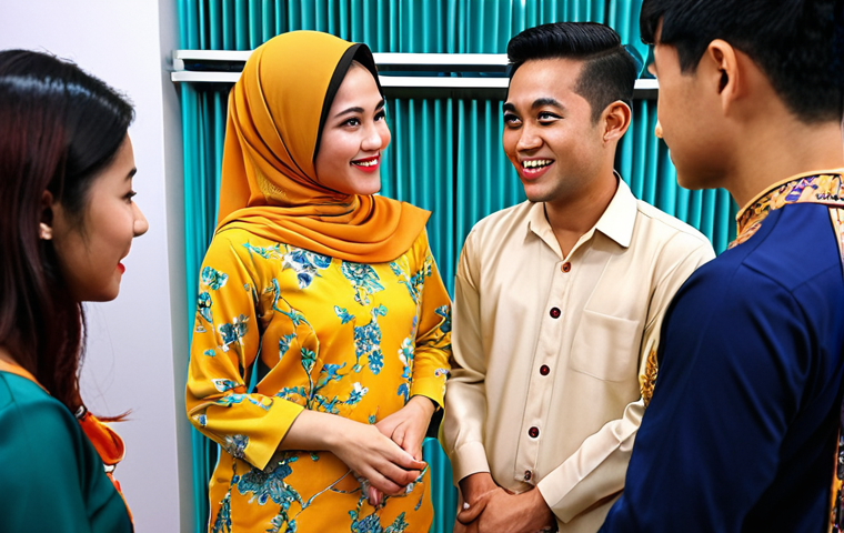 **Prompt:** A vibrant live commerce session in Malaysia, showcasing "Baju Kurung Moden". Focus on a young female demographic (25-35 years old) engaging with the host. The overall mood should be lively and interactive, highlighting the comfort and attractive colors of the clothing.