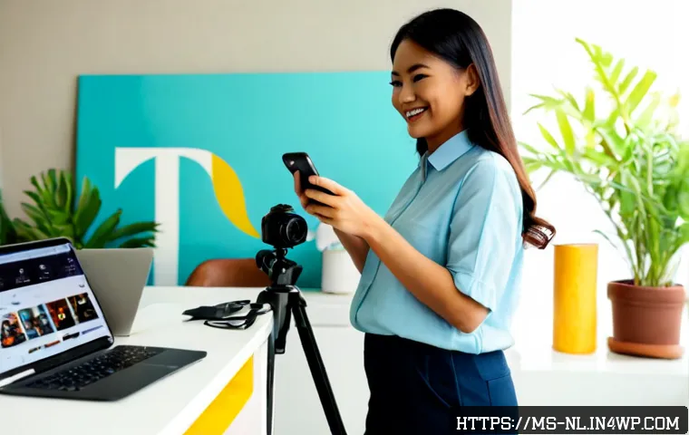 소셜 미디어와의 연계로 시청자 확대하기 - Photorealistic modern Malaysian content creator in a bright Kuala Lumpur apartment workspace, smilin...